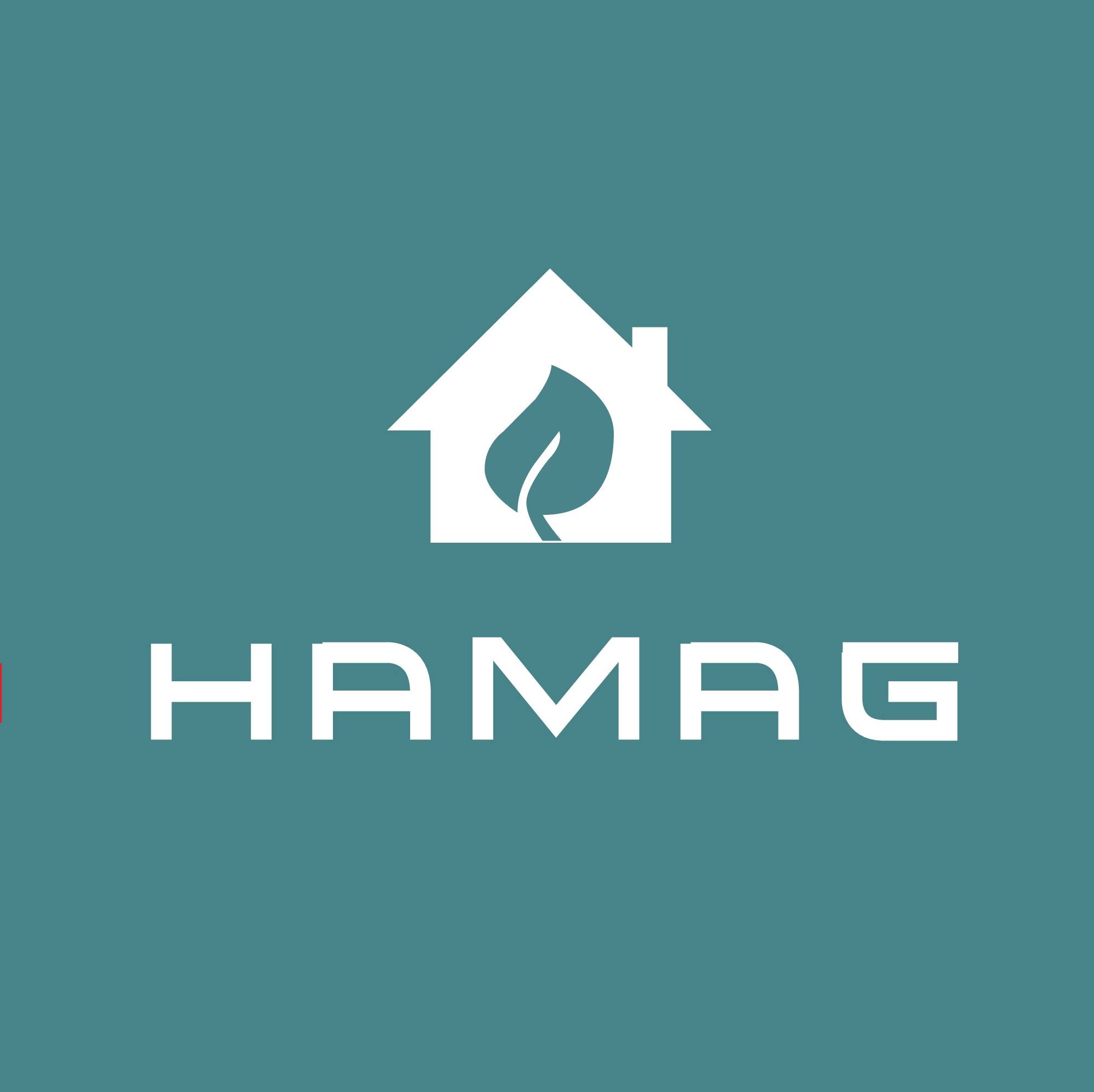 Logo Hamag, domek z listkiem w środku